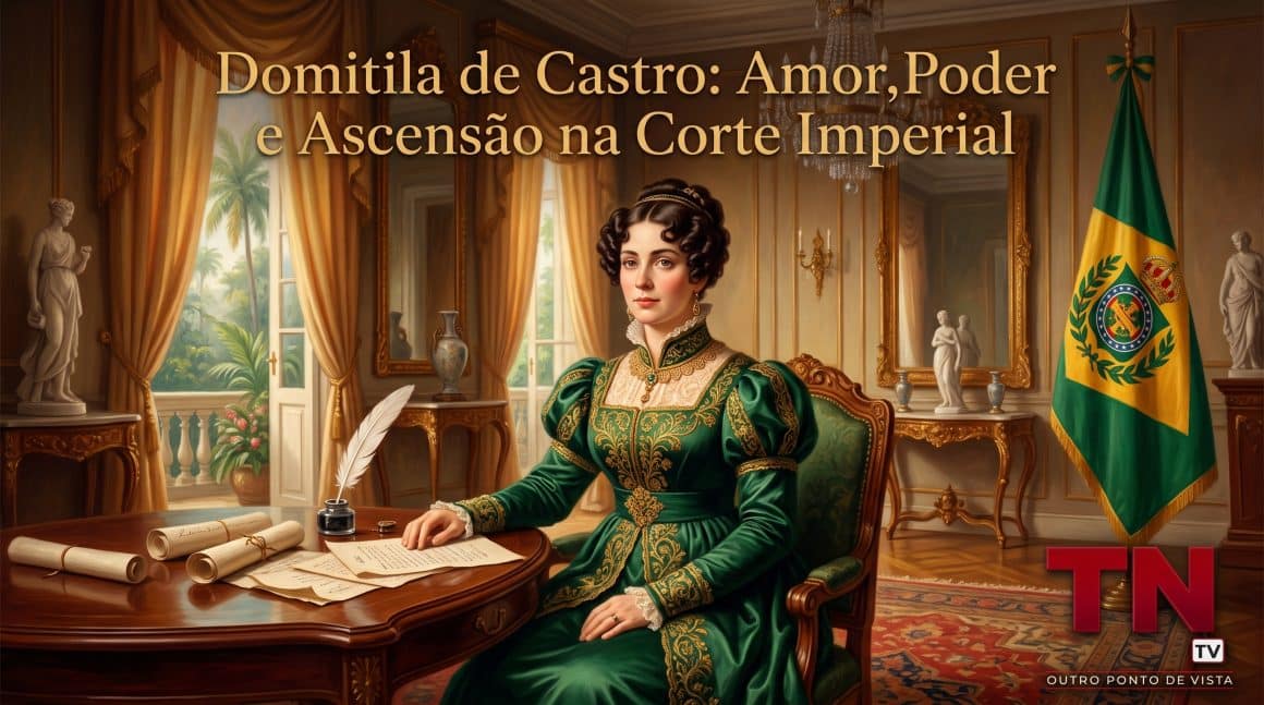 Domitila de Castro: Amor, Poder e Ascensão na Corte Imperial Retrato artístico de Domitila de Castro, Marquesa de Santos, em traje imperial, no centro de uma composição com o título "Domitila de Castro: Amor, Poder e Ascensão na Corte Imperial" no topo. No canto inferior direito, o logotipo da TN Brasil TV.