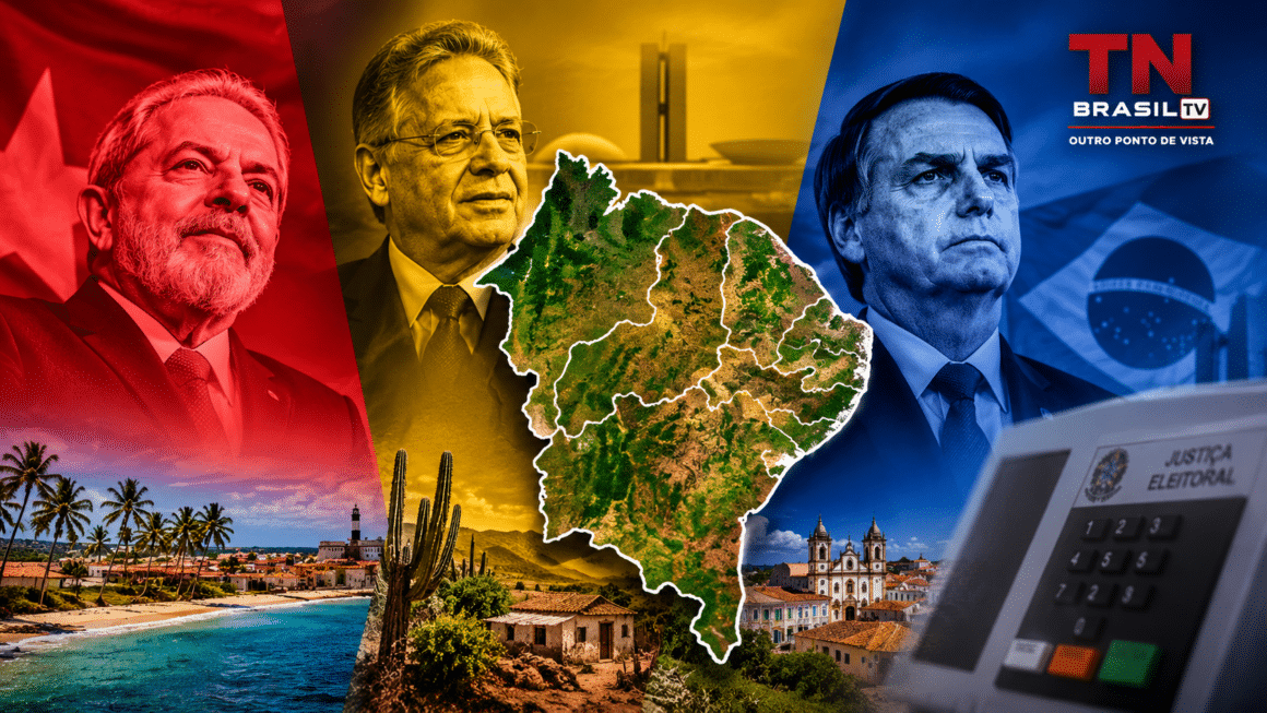 Raio-X do Nordeste: Quantos Governos de Esquerda, Centro e Direita a Região Teve desde 1985? Arte gráfica com mapa do Nordeste centralizado entre retratos de Lula, FHC e Bolsonaro, paisagens nordestinas e urna eletrônica.