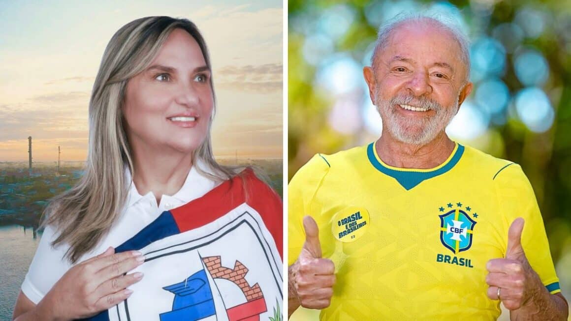 Grande Vitória de Lula consolida prefeita de Abaetetuba como Francineti “Gigante” Carvalho Montagem com a prefeita Francineti Carvalho segurando a bandeira de Abaetetuba à esquerda e o presidente Lula sorrindo com a camisa do Brasil à direita.