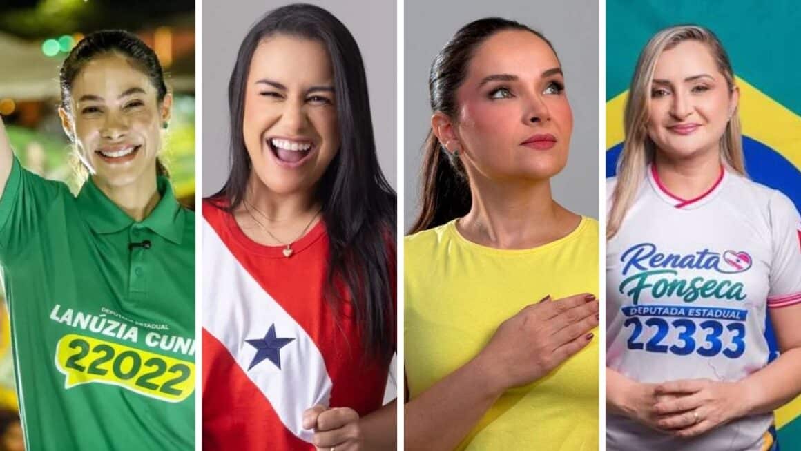 A força feminina do PL: Lanúzia Cunha, Mariza Almeida, Tati Barra e Renata Fonseca entre as mais votadas da Alepa Montagem dividida em quatro quadros verticais exibindo as deputadas estaduais eleitas pelo PL no Pará: Lanuzia Cunha de camisa verde à esquerda, Mariza Almeida segurando a bandeira do Pará, Tati Barra de blusa amarela e Renata Fonseca de camisa de campanha com o número 22333 à direita.