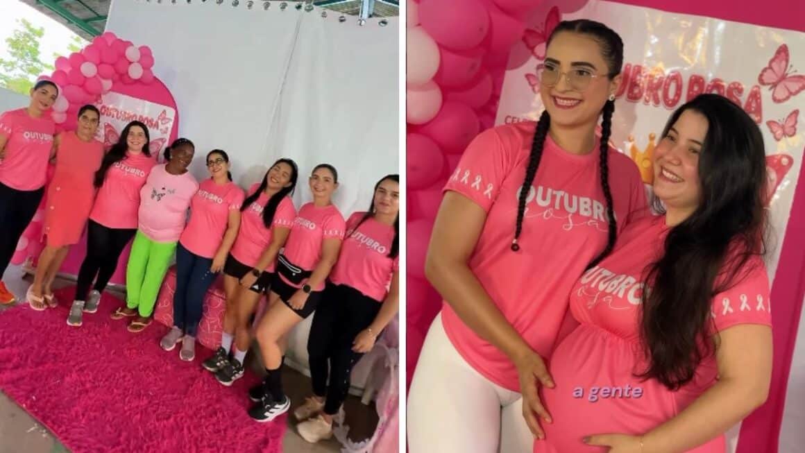 Além da campanha: ações do Outubro Rosa mobilizam mulheres em Ipixuna do Pará Montagem com duas fotos de ações do Outubro Rosa em Ipixuna do Pará. À esquerda, um grupo de mulheres vestindo camisas rosas posa sorrindo em um espaço decorado com balões cor-de-rosa. À direita, duas mulheres com camisas da campanha sorriem juntas, uma delas grávida.
