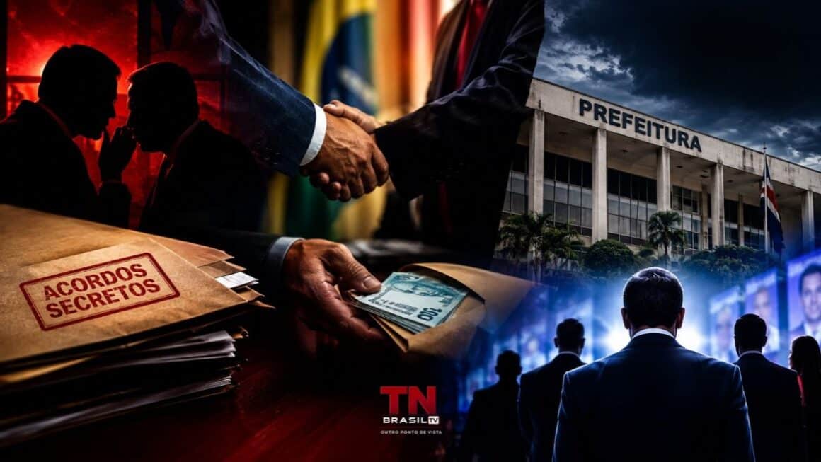 Eleições para Prefeito em 2028: Traições, Acordos Secretos e a Corrida nos Porões do Poder Corredor iluminado de prédio público com duas pessoas de terno conversando reservadamente ao fundo.