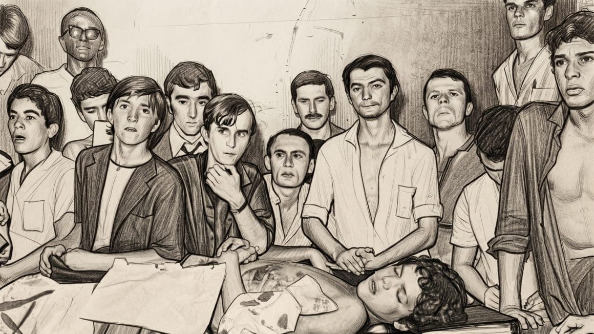 A Morte de Edson Luís em 1968 e o Grito Eterno pela Democracia Desenho monocromático em tons de sépia, no estilo de um esboço a carvão, retratando um grupo de jovens e homens velando o corpo do estudante Edson Luís de Lima Souto. Ele está deitado na parte inferior central, coberto por um lençol, com um livro aberto sobre ele. Os rostos dos presentes, em primeiro e segundo plano, expressam luto, tristeza e determinação.