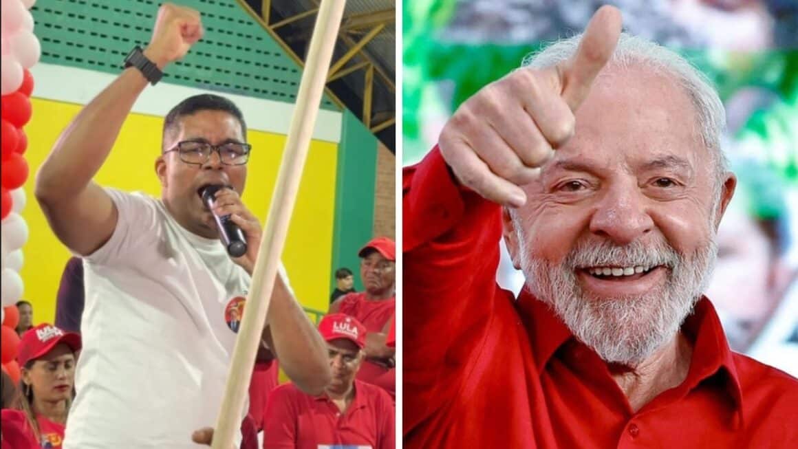 A vitória de Lula em Ipixuna do Pará com a digital política de Artemes Oliveira Texto Alternativo: Fotomontagem dividida ao meio: à esquerda, o prefeito de Ipixuna do Pará, Artemes Oliveira, discursa com microfone e punho erguido diante de apoiadores; à direita, o presidente Luiz Inácio Lula da Silva sorri de camisa vermelha fazendo sinal de positivo.