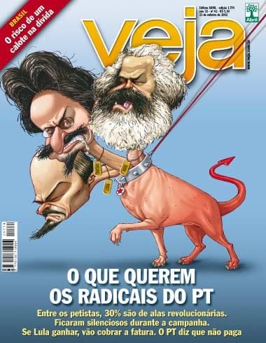 Ilustração de capa da revista Veja mostrando um cão vermelho com a cabeça de Karl Marx puxando outras figuras caricatas, sob a manchete "O que querem os radicais do PT".